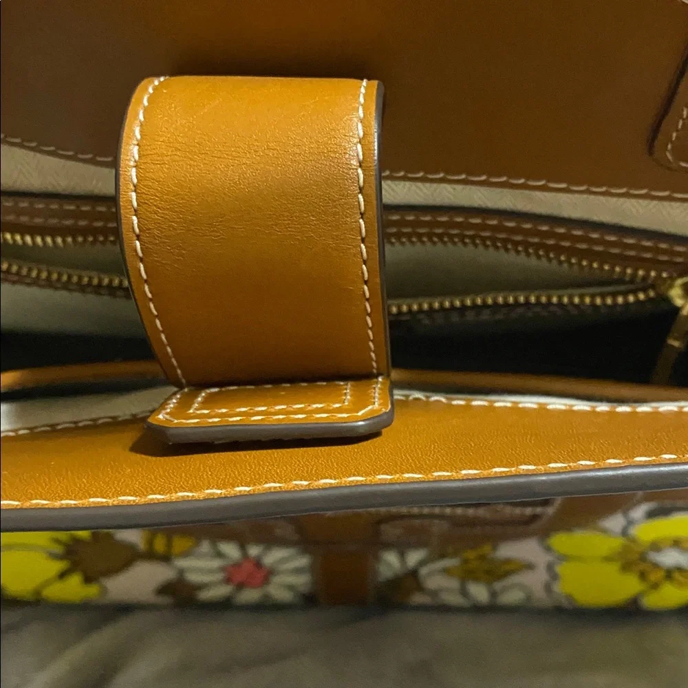 Tory Burch Brown Leather Trim Floral Tote with Yellow, White & Black Accents